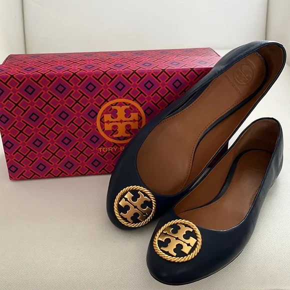 Tory Burch Benton 2 Ballet Flat Nappa Leather Royal Navy Rolled Brass 7.5 NWT - Picture 3 of 14
